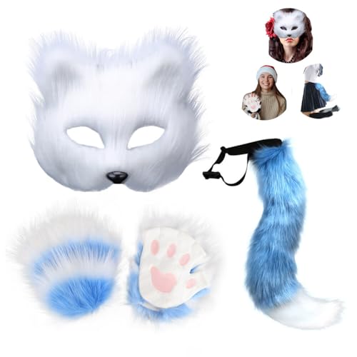 Surakey Pelzige Katze Fuchs Maske Wolf Schwanz und Pfoten Handschuhe Set Kunstfell Tier Ohren Schwanz Pfote Handschuh Set, Karneval Halloween Party Cosplay Kostüm Zubehör Set für Kinder Erwachsene von Surakey