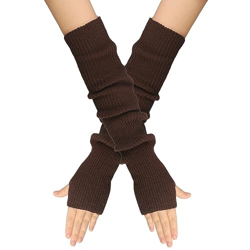 Surakey Winter Gestrickte Handschuhe für Damen, 1 Paar Fingerlose Armstulpen Feinstrick lang Handwärmer Stulpen, Warm Strick Handschuhe Pluswärmer Handstulpen Armwärmer Stulpen für Damen,Braun von Surakey