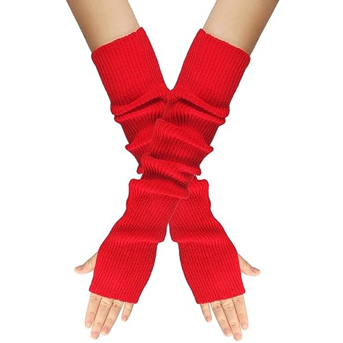 Surakey Winter Gestrickte Handschuhe für Damen, 1 Paar Fingerlose Armstulpen Feinstrick lang Handwärmer Stulpen, Warm Strick Handschuhe Pluswärmer Handstulpen Armwärmer Stulpen für Damen,Rot von Surakey