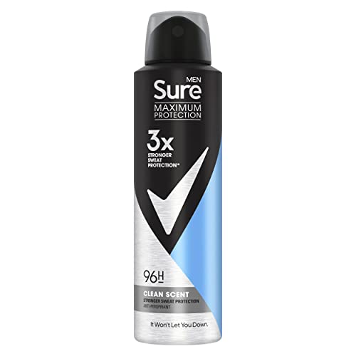 Sure Men Maximum Protection Clean Scent Anti-Transpirant Deospray mit 3x stärker* Schweißschutz Anti-Transpirant Deodorant Aerosol 96h Schutz gegen Schweiß und Geruch, 6 x 150 ml von Sure
