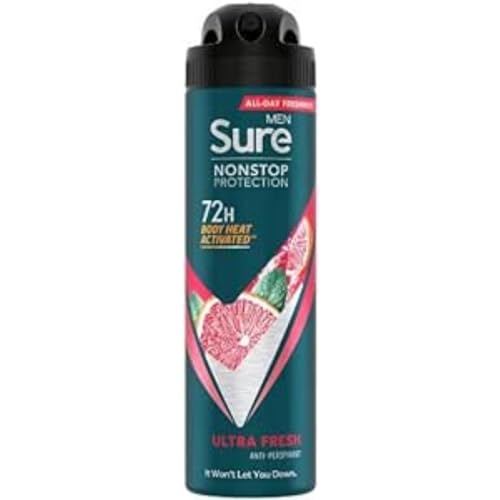 Sure Men Ultra Fresh Nonstop Protection MotionSense Technologie Anti-Transpirant Deodorant Spray Anti-Transpirant Deodorant Aerosol 72h Schutz vor Schweiß und Geruch 150 ml, 6 Stück von Sure