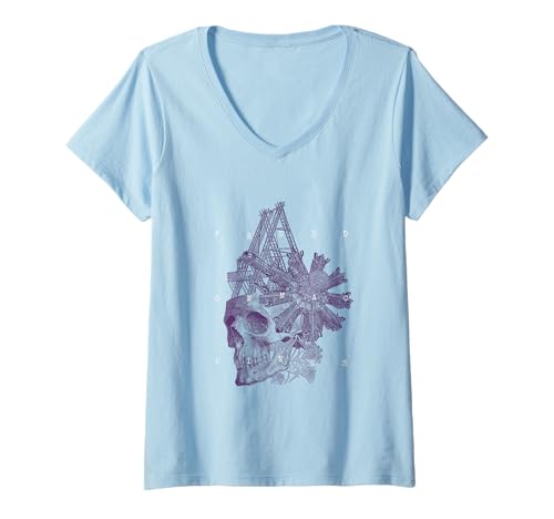 Damen Freedom Machines Totenkopf-Motiv im Vintage-Stil T-Shirt mit V-Ausschnitt Damen Freedom Machines Totenkopf-Motiv im Vintage-Stil T-Shirt mit V-Ausschnitt von Sureal Steampunk Art Design