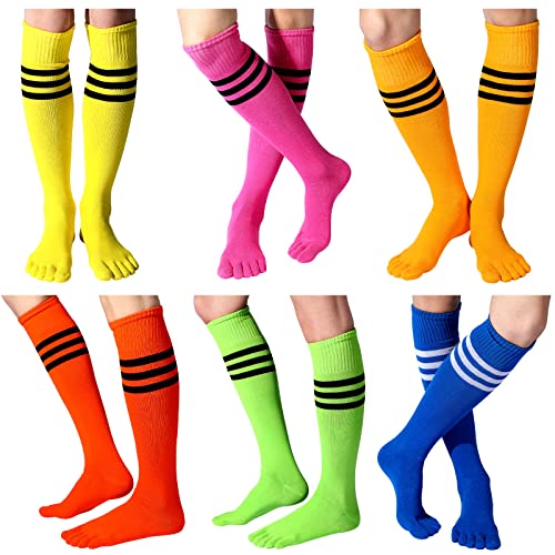 Sureio 6 Paar Bunte Knie Gestreifte Oberschenkel Socken Zehensocken Zehen Getrennte Baumwolle Gestreifte Oberschenkel Hohe Neon Socken Laufsocken, helle Farbe, Einheitsgröße von Sureio