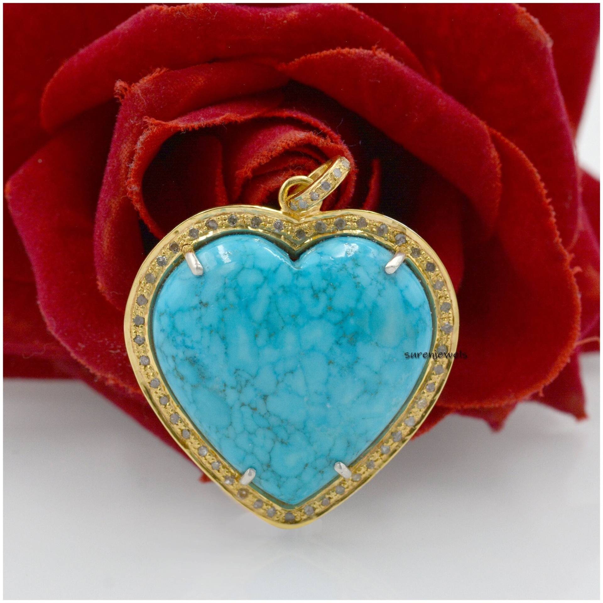 14K Gelbgold Türkis Herz Anhänger, Gold Dainty Anhänger, 925 Sterling Silber Natur Edelstein 14K Gelbgold Türkis Herz Anhänger, Gold Dainty Anhänger, 925 Sterling Silber Natur Edelstein von Surenjewels