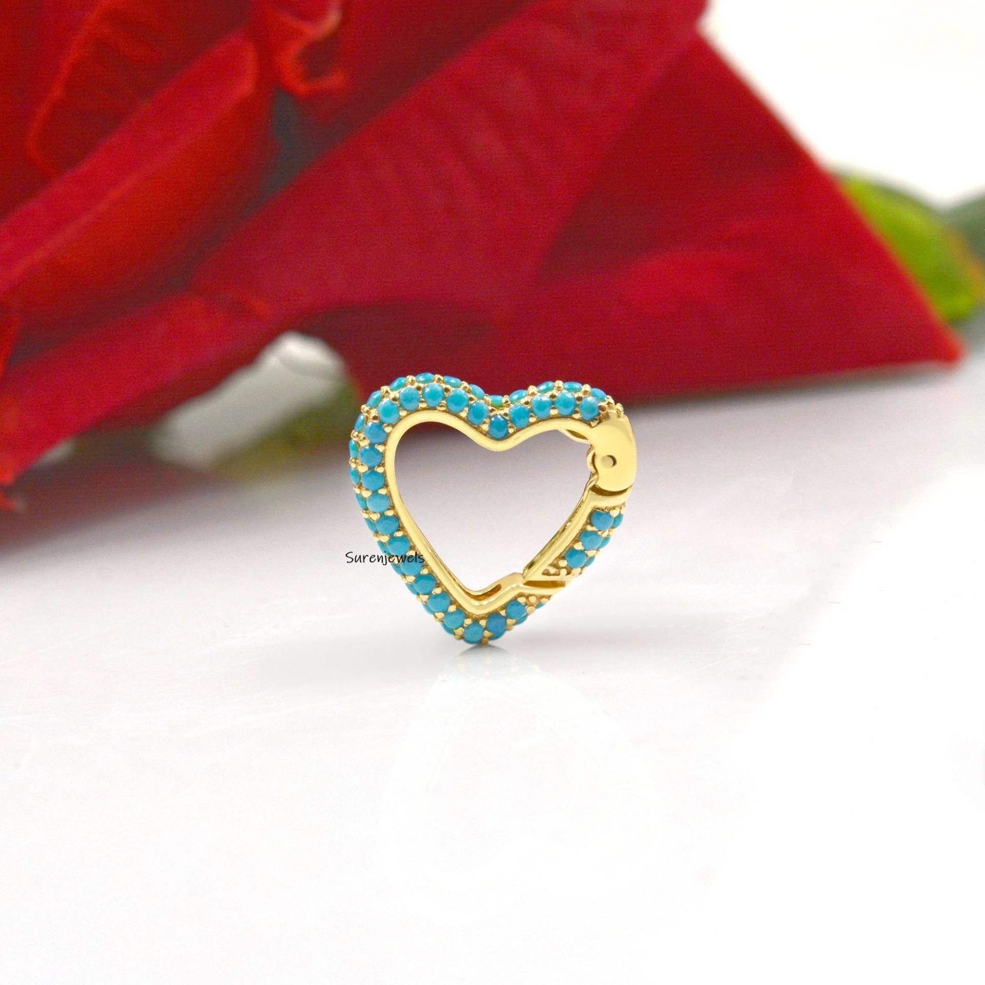 14K Gold Diamant Herz Charm Halter, Länglicher Herzverstärker, Link Lock, Push Heart Enhancer Lock von Surenjewels