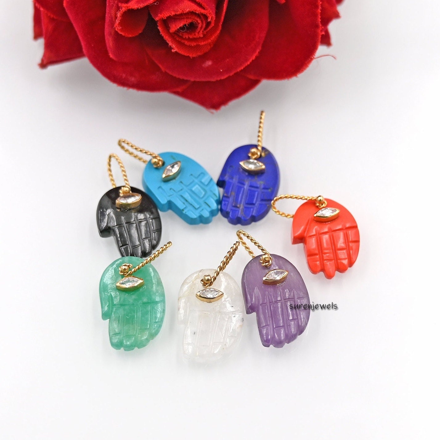 14K Gold Malachit Figa, Edelstein Figa Hand, Türkis Hand Symbol Anhänger, Hamsa Korallen Lapis Anhänger von Surenjewels