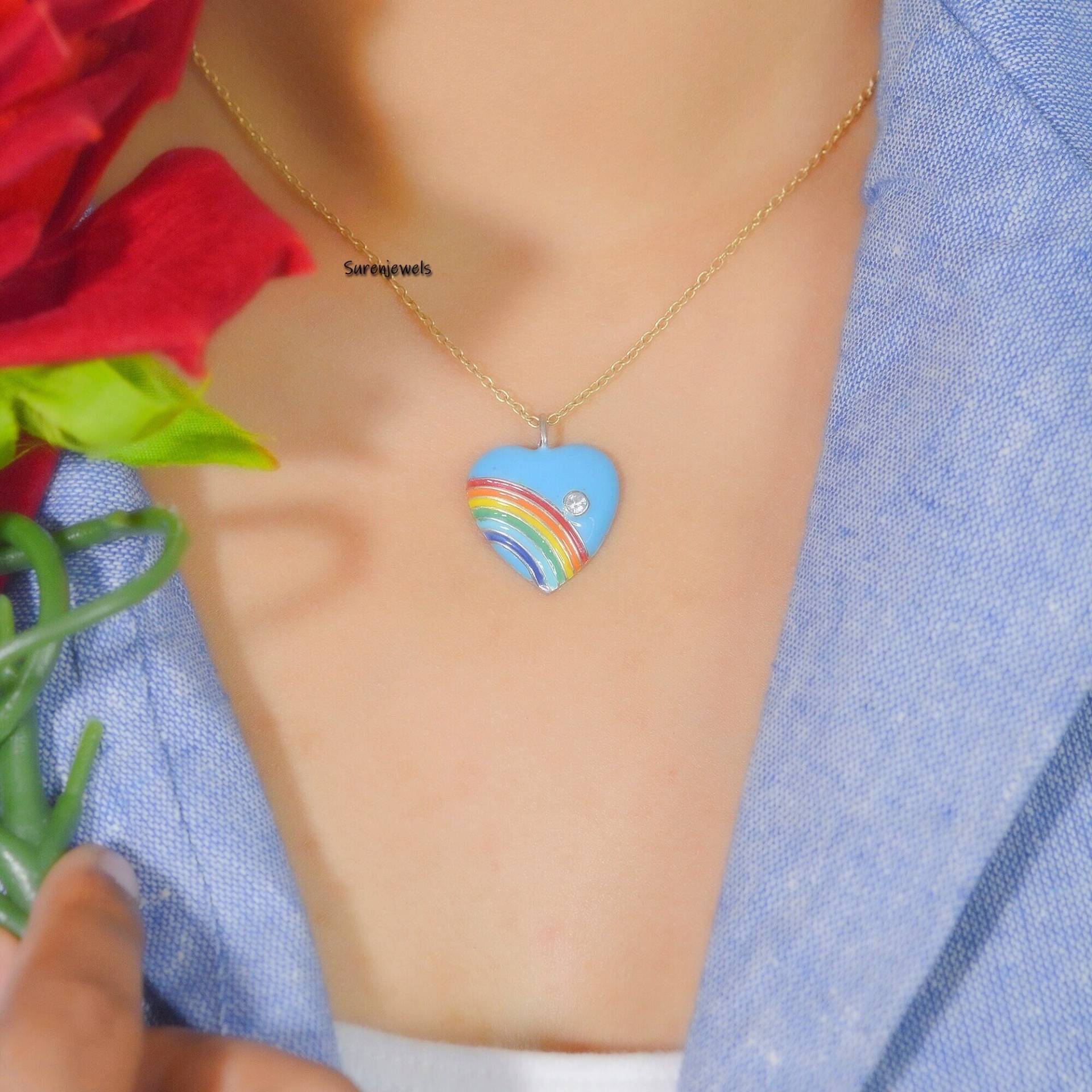Regenbogen Emaille Herz Anhänger, Multi Schmuck, Silber Anhänger von Surenjewels