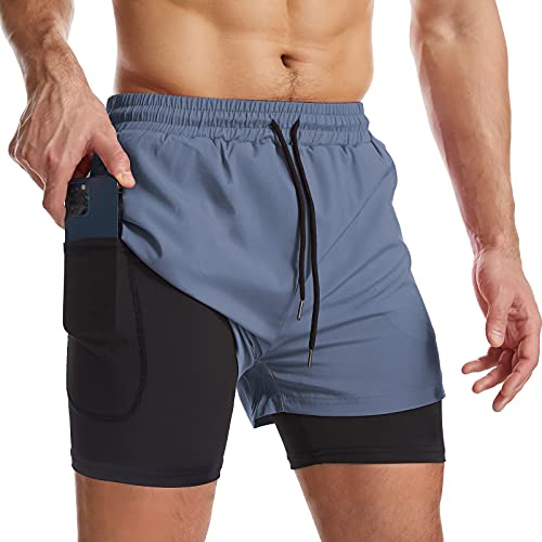 Surenow Herren 2-in-1 Lauf-Shorts, schnelltrocknend, Sport-Shorts mit Innenfutter, Workout-Shorts mit Reißverschlusstaschen und Handtuchschlaufe, kobaltblau, Mittel von Surenow