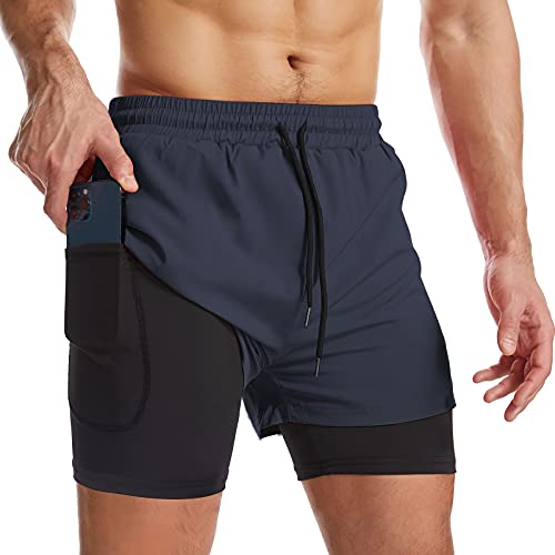 Surenow Herren 2-in-1 Lauf-Shorts, schnelltrocknend, Sport-Shorts mit Innenfutter, Workout-Shorts mit Reißverschlusstaschen und Handtuchschlaufe - Blau - XX-Large von Surenow