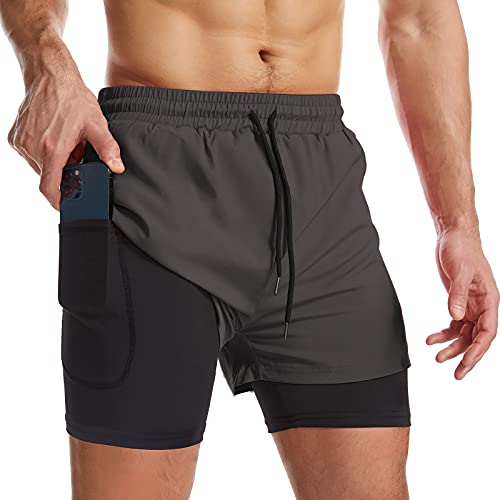 Surenow Herren 2-in-1 Lauf-Shorts, schnelltrocknend, Sport-Shorts mit Innenfutter, Workout-Shorts mit Reißverschlusstaschen und Handtuchschlaufe - Grau - Groß von Surenow