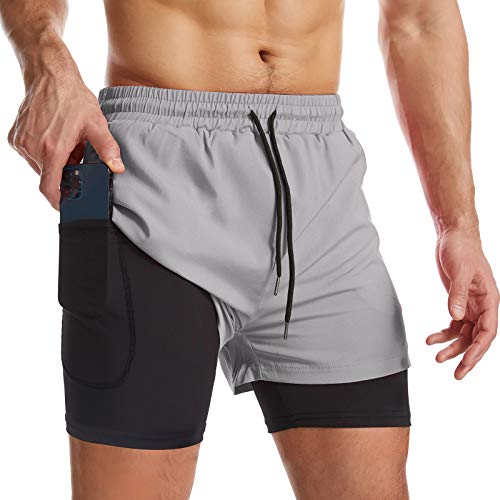Surenow Herren 2-in-1 Lauf-Shorts, schnelltrocknend, Sport-Shorts mit Innenfutter, Workout-Shorts mit Reißverschlusstaschen und Handtuchschlaufe - Grau - Groß von Surenow