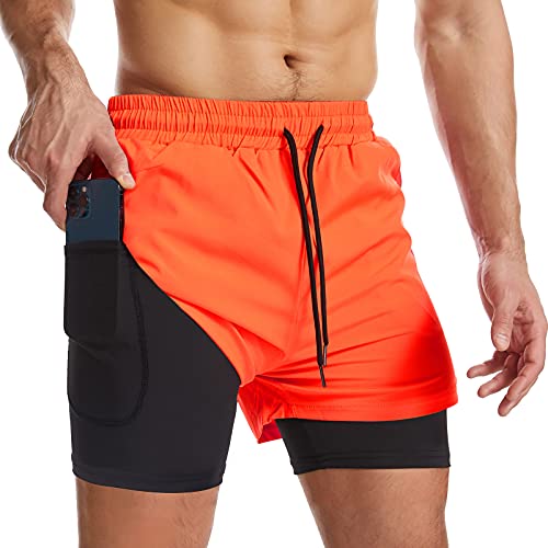 Surenow Herren 2-in-1 Lauf-Shorts, schnelltrocknend, Sport-Shorts mit Innenfutter, Workout-Shorts mit Reißverschlusstaschen und Handtuchschlaufe - Rot - Mittel von Surenow