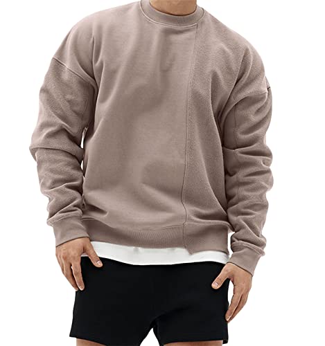 Surenow Herren-Sweatshirt, Patchwork, Rundhalsausschnitt, langärmelig, leicht, Frottee, Sweatshirt für Freizeit, Workout, Pullover, khaki, Large von Surenow