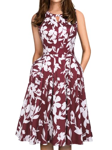 Sureple Damen Retro Ärmellos Swing Casual Arbeit Sommer Party Kleid mit Taschen, B-Rot Weiß F 02, X-Groß von Sureple