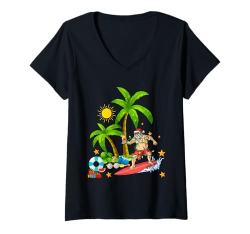 Damen Santa Surfing Hawaiian Funny Christmas Beach Lover Surfer T-Shirt mit V-Ausschnitt Damen Santa Surfing Hawaiian Funny Christmas Beach Lover Surfer T-Shirt mit V-Ausschnitt von Surf Christmas Costume