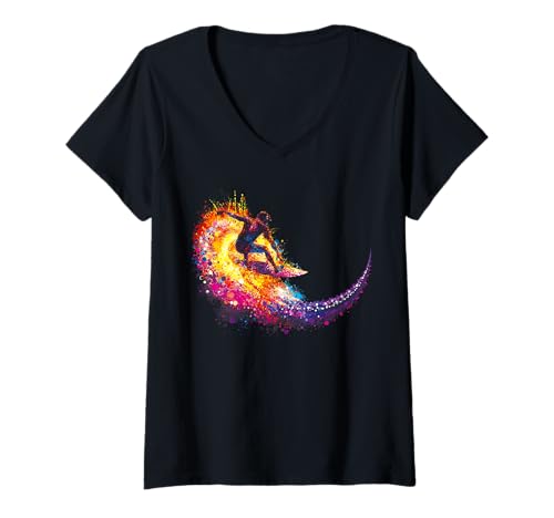 Damen Surf Colorful Silhouette Splash Waves für Hawaii Surfer T-Shirt mit V-Ausschnitt Damen Surf Colorful Silhouette Splash Waves für Hawaii Surfer T-Shirt mit V-Ausschnitt von Surf Colorful Silhouette Splash Shop