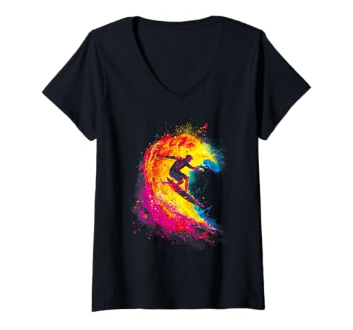 Damen Surf Colorful Silhouette Splash Waves für Hawaii Surfer T-Shirt mit V-Ausschnitt Damen Surf Colorful Silhouette Splash Waves für Hawaii Surfer T-Shirt mit V-Ausschnitt von Surf Colorful Silhouette Splash Shop