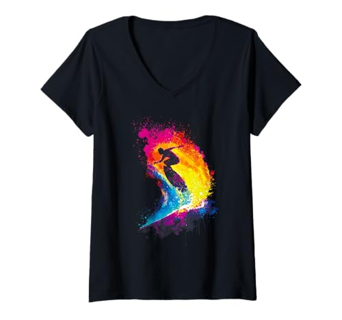 Damen Surf Colorful Silhouette Splash Waves für Hawaii Surfer T-Shirt mit V-Ausschnitt von Surf Colorful Silhouette Splash Shop