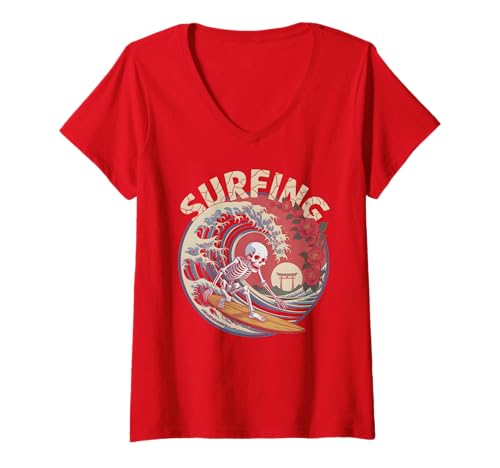 Damen Niedliches Surfen Skelett Dia De Los Muertos Halloween Surfer T-Shirt mit V-Ausschnitt von Surf Day of Dead Summer La Catrina Floral Vacation