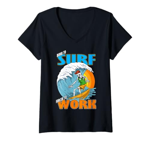 Damen Lustiges Surf-Skelett Born to Surf Shredding Wave T-Shirt mit V-Ausschnitt Damen Lustiges Surf-Skelett Born to Surf Shredding Wave T-Shirt mit V-Ausschnitt von Surf Designs - Valmar Gear