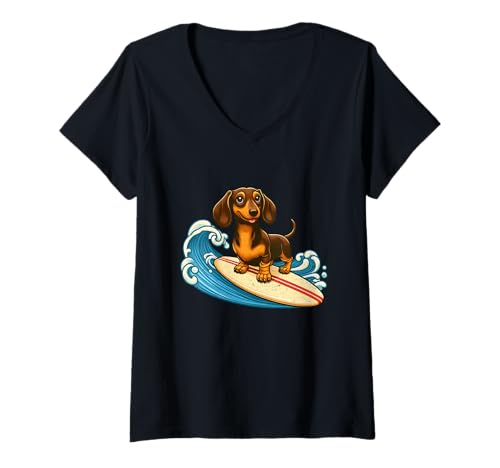 Damen Surfing Dackel T-Shirt mit V-Ausschnitt Damen Surfing Dackel T-Shirt mit V-Ausschnitt von Surf Dogs Collection