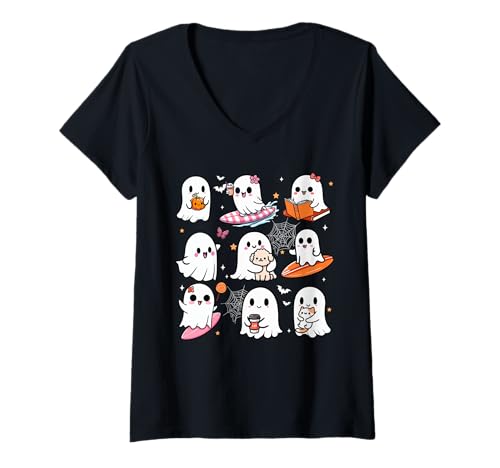 Damen Boo Activities Halloween Surfing Surfer Book Cat Dog Lover T-Shirt mit V-Ausschnitt Damen Boo Activities Halloween Surfing Surfer Book Cat Dog Lover T-Shirt mit V-Ausschnitt von Surf Halloween Costume