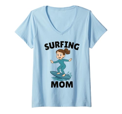 Damen Lustiges Surfen Mutter Surfer Muttertag Geschenk Mama Frauen Mädchen T-Shirt mit V-Ausschnitt von Surf Mom Summer Ocean Wave Lover Birthday Present
