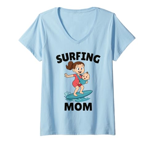 Damen Lustiges Surfen Mutter Surfer Muttertag Geschenk Mama Frauen Mädchen T-Shirt mit V-Ausschnitt von Surf Mom Summer Ocean Wave Lover Birthday Present