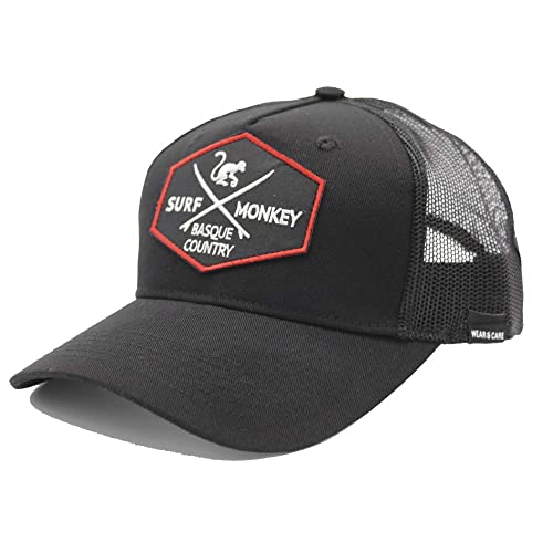 Surf Monkey Trucker Cap Meliert - Gebogenes Visier - Verstellbare Snapback-Kappe - Bestickter Aufnäher für Damen und Herren, Schwarz , 55 von Surf Monkey