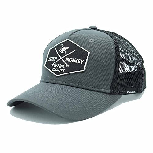 Surf Monkey Trucker Cap Meliert - Gebogenes Visier - Verstellbare Snapback-Kappe - Bestickter Aufnäher für Damen und Herren, grau, 55 von Surf Monkey