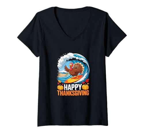 Damen Sunset Retro Happy Thanksgiving Fall Leaves Turkey Surfing T-Shirt mit V-Ausschnitt von Surf Thanksgiving Costume