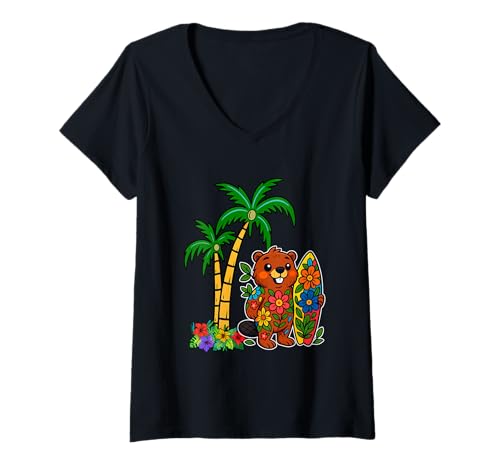 Damen Bunte Blumen Blumen Biber Surfer Surfen Strand Liebhaber T-Shirt mit V-Ausschnitt von Surf Vacations Costume