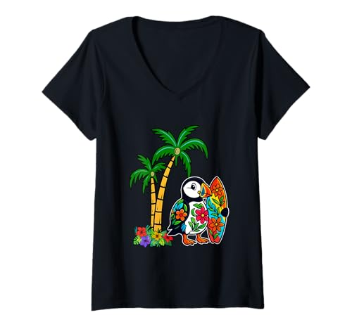 Damen Bunte Blumen Floral Papageientaucher Surfer Surfen Strand Liebhaber T-Shirt mit V-Ausschnitt von Surf Vacations Costume