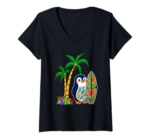 Damen Bunte Blumen Floral Pinguin Surfer Surfen Strand Liebhaber T-Shirt mit V-Ausschnitt von Surf Vacations Costume