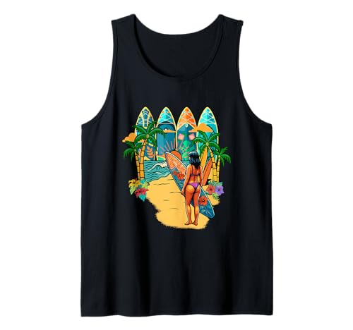 Frauen gehen surfen buntes Surfbrett passend Surfer Strand Tank Top von Surf Vacations Costume