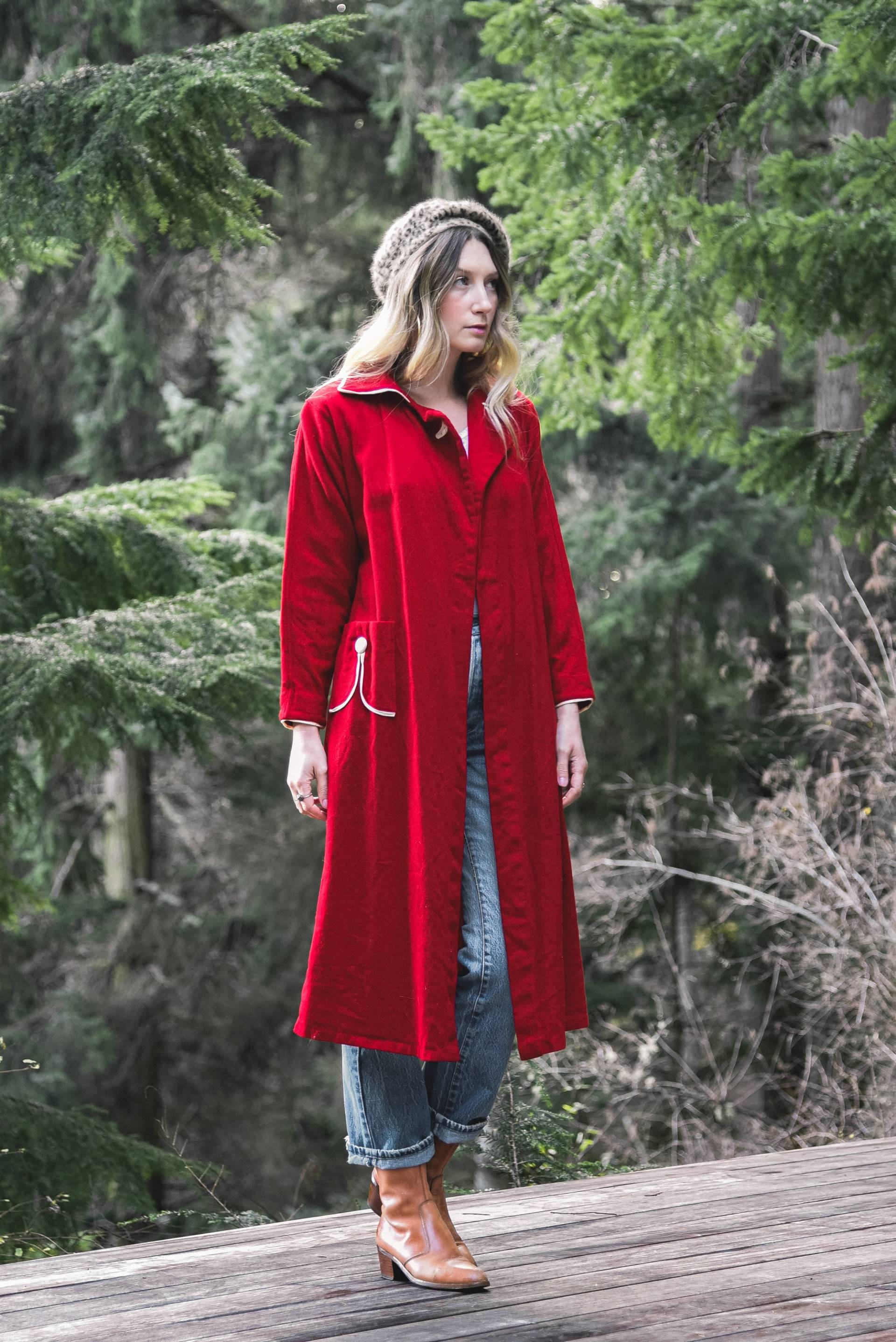 40Er Jahre Vintage Wollmantel | Rot +Weiß Urlaub Duster Jacke Nachthemd Robe Retro Wolle Trench Mantel von SurfandtheCity