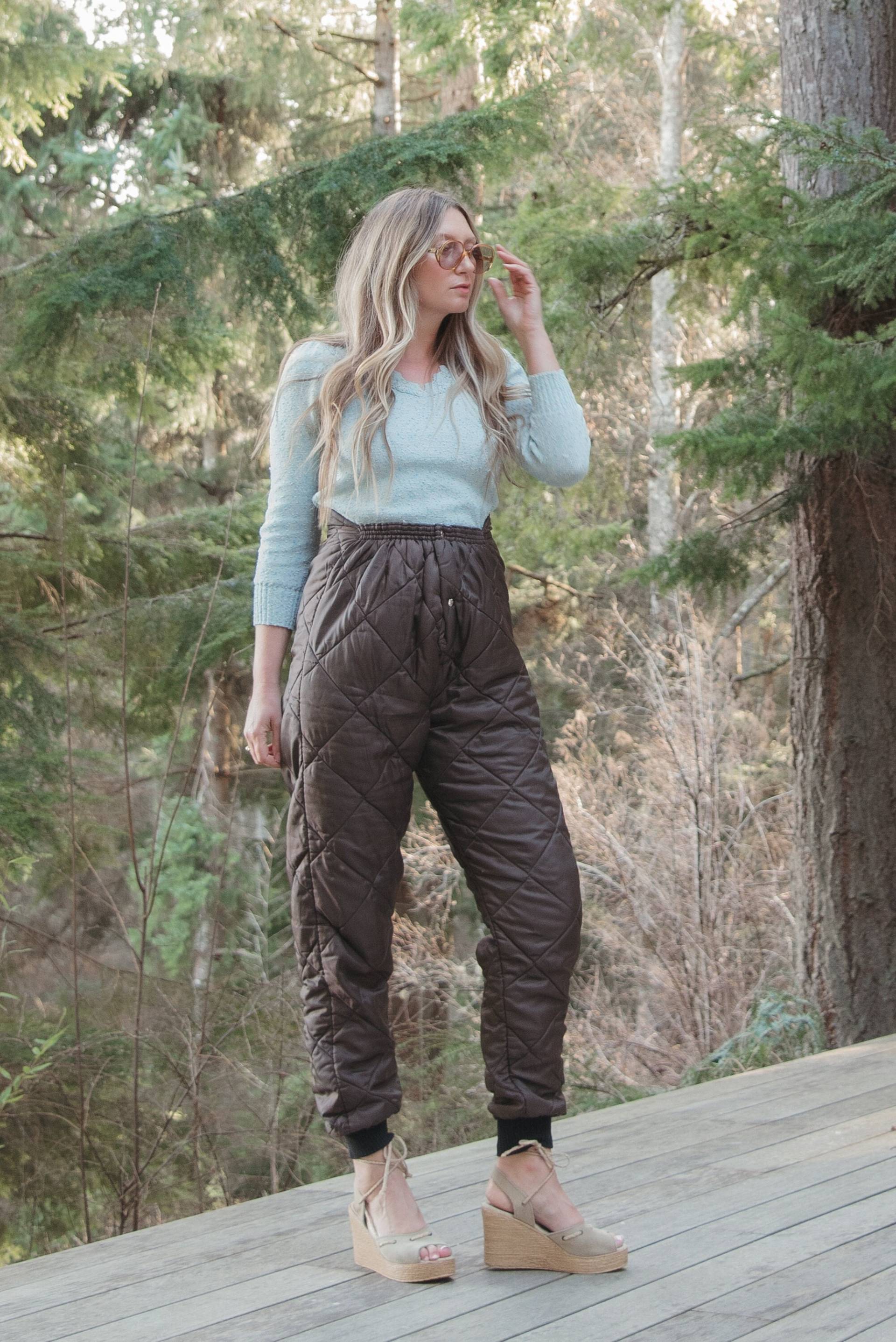 60Er Jahre Gesteppte Liner Hose, Ted Williams Brown Nylon Button Fly Puffy Hose Mit Hoher Taille von SurfandtheCity