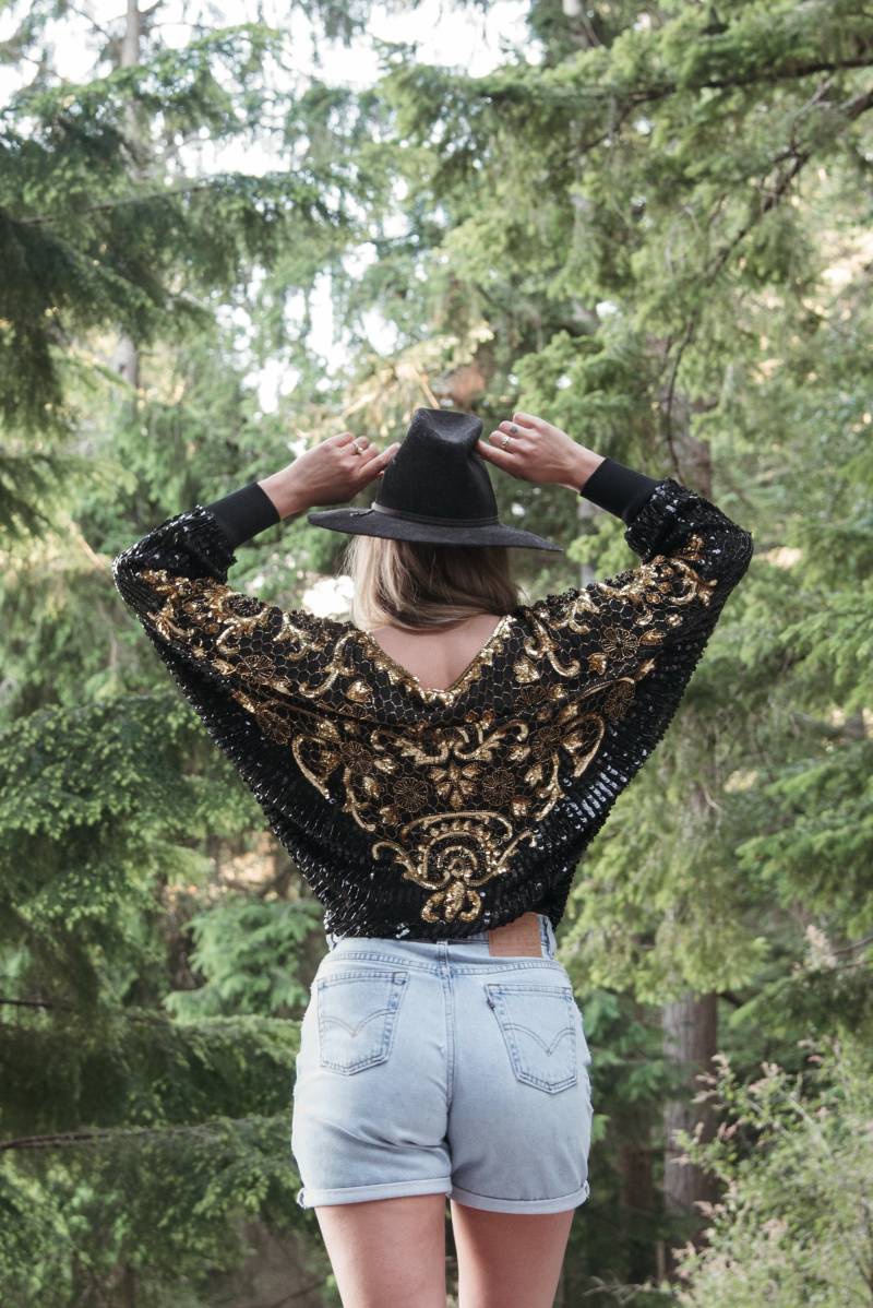 80Er Modi Pailletten Top | Goldene Sonne Perlen Seide Fledermaus Bluse Pullover Oversize Micro Mini Kleid von SurfandtheCity