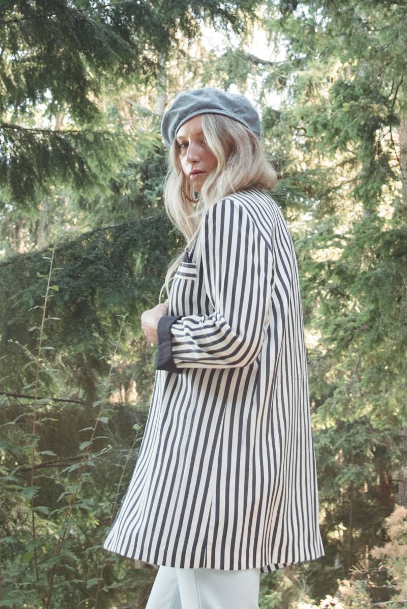 Vintage 1980S-90S Navy & Weiß Gestreifter Blazer - Stuart Alan Open Front Longline Jacket, Silky Rayon, Made in Usa von SurfandtheCity