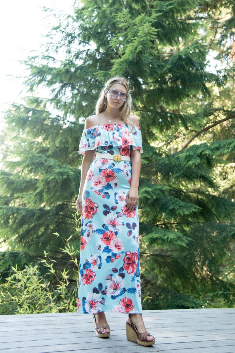 Vintage 70Er Maxikleid, Florales Off The Shoulder Kleid, Sommer Party Festival Hippie Rose Print S M von SurfandtheCity