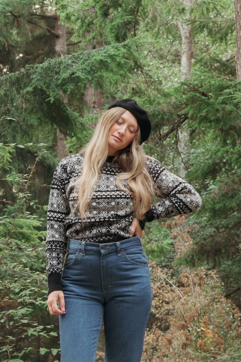 Vintage Fair Isle Pullover | Demeter Schwarz Und Weiß Wolle von SurfandtheCity