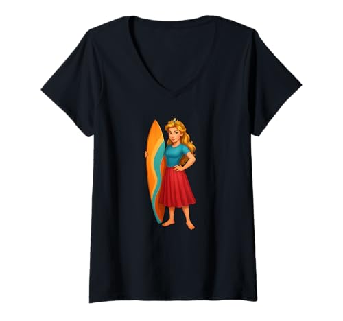 Damen Surfende Prinzessin mit Surfbrett Kostüm für Erwachsene und Kinder T-Shirt mit V-Ausschnitt Damen Surfende Prinzessin mit Surfbrett Kostüm für Erwachsene und Kinder T-Shirt mit V-Ausschnitt von Surfboard Princess