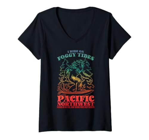 Damen Bigfoot Surfing Ich fahre auf nebligen Gezeiten pazifisch T-Shirt mit V-Ausschnitt von Surfen von Sasquatch im pazifischen Nordwesten