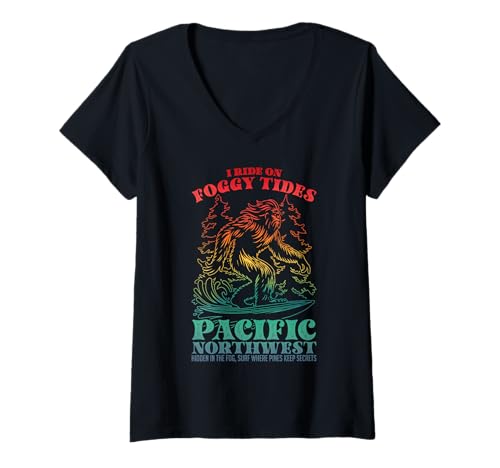 Damen Bigfoot Surfing Ich fahre auf nebligen Gezeiten pazifisch T-Shirt mit V-Ausschnitt von Surfen von Sasquatch im pazifischen Nordwesten