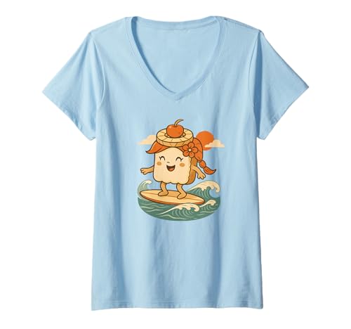 Damen Lustiger Toast mit Ananas surft – Sommer Strandmotiv T-Shirt mit V-Ausschnitt von Surfender Toast – Lustiges Hawaii Sommermotiv
