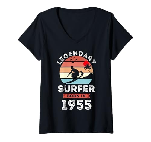 Damen Legendary Surfer Born in 1955, 70th Birthday Men T-Shirt mit V-Ausschnitt Damen Legendary Surfer Born in 1955, 70th Birthday Men T-Shirt mit V-Ausschnitt von Surfer 1955 Legends Gifts for Mens 70th Bday