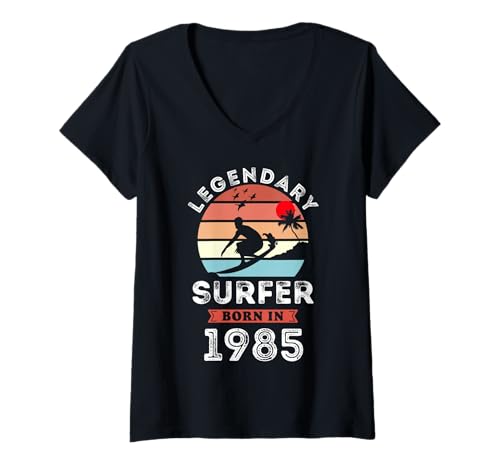 Damen Legendary Surfer Born in 1985, 40th Birthday Men T-Shirt mit V-Ausschnitt von Surfer 1985 Legends Gifts for Mens 40th Bday