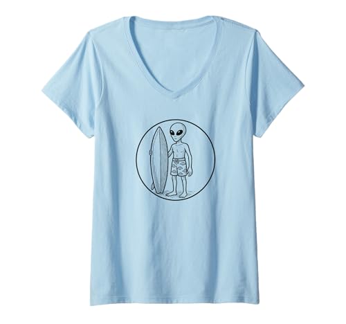Damen Alien mit Surfbrett T-Shirt mit V-Ausschnitt von Surfer Alien Surfing Sci Fi Gifts and Designs