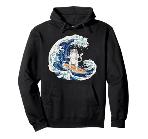 Kawaii Surfer Katze auf japanischer Welle mit Sushi Vibe Herren Damen Pullover Hoodie Kawaii Surfer Katze auf japanischer Welle mit Sushi Vibe Herren Damen Pullover Hoodie von Surfer Fans & Sushi Vibes