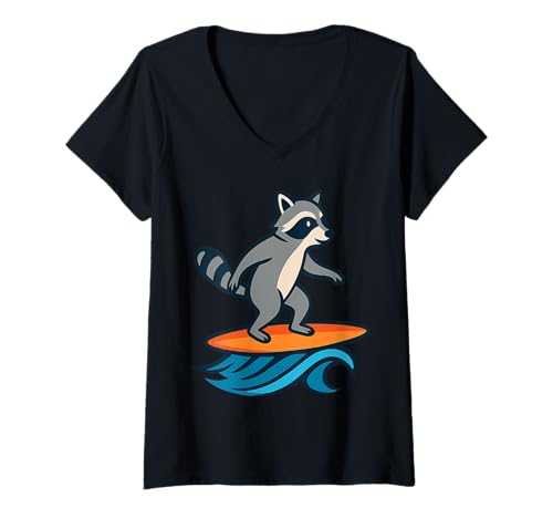 Damen Waschbär Surfen auf einem Surfbrett reitet die Wellen T-Shirt mit V-Ausschnitt Damen Waschbär Surfen auf einem Surfbrett reitet die Wellen T-Shirt mit V-Ausschnitt von Surfer Raccoon Merch